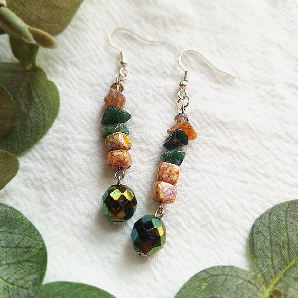 Whimsigoth Gemstone Earrings, Indian Agate, Czech Glass & Porcelain Beads, Earth - Picture 5 of 8